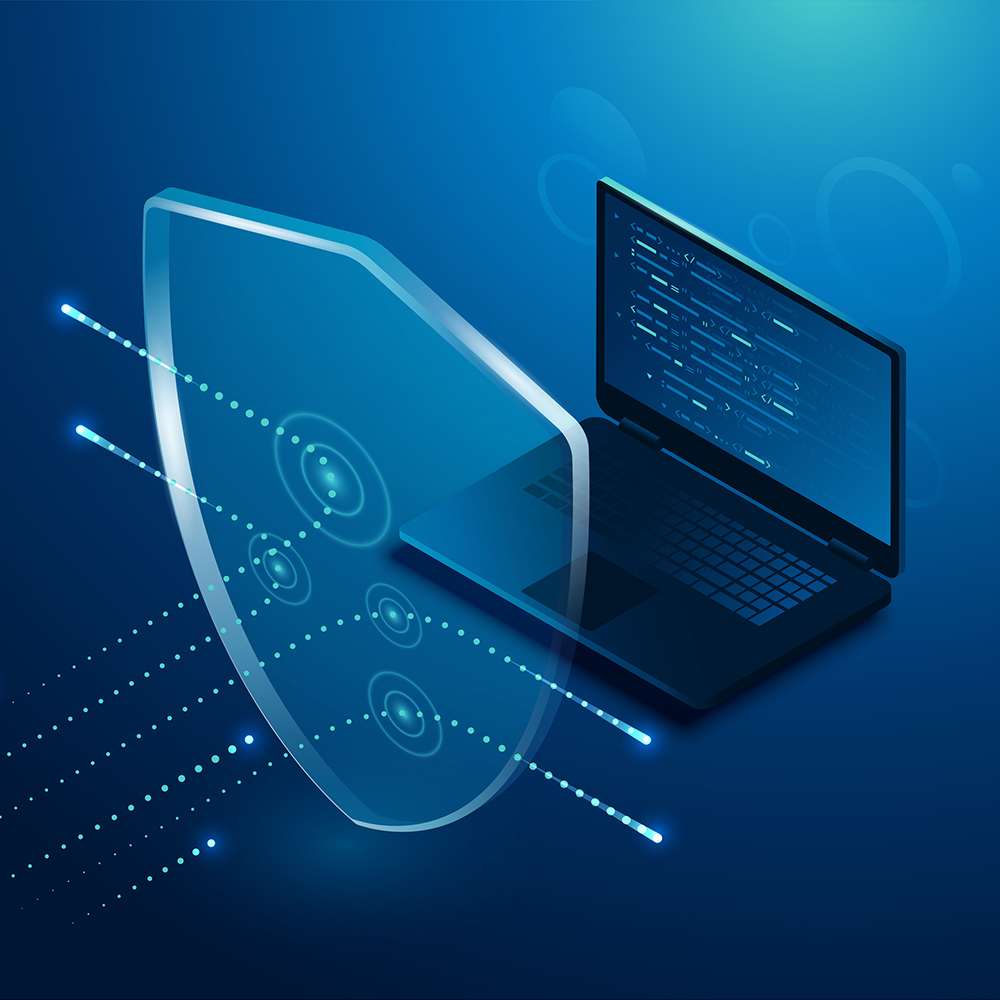 Illustration of a shield protecting a laptop