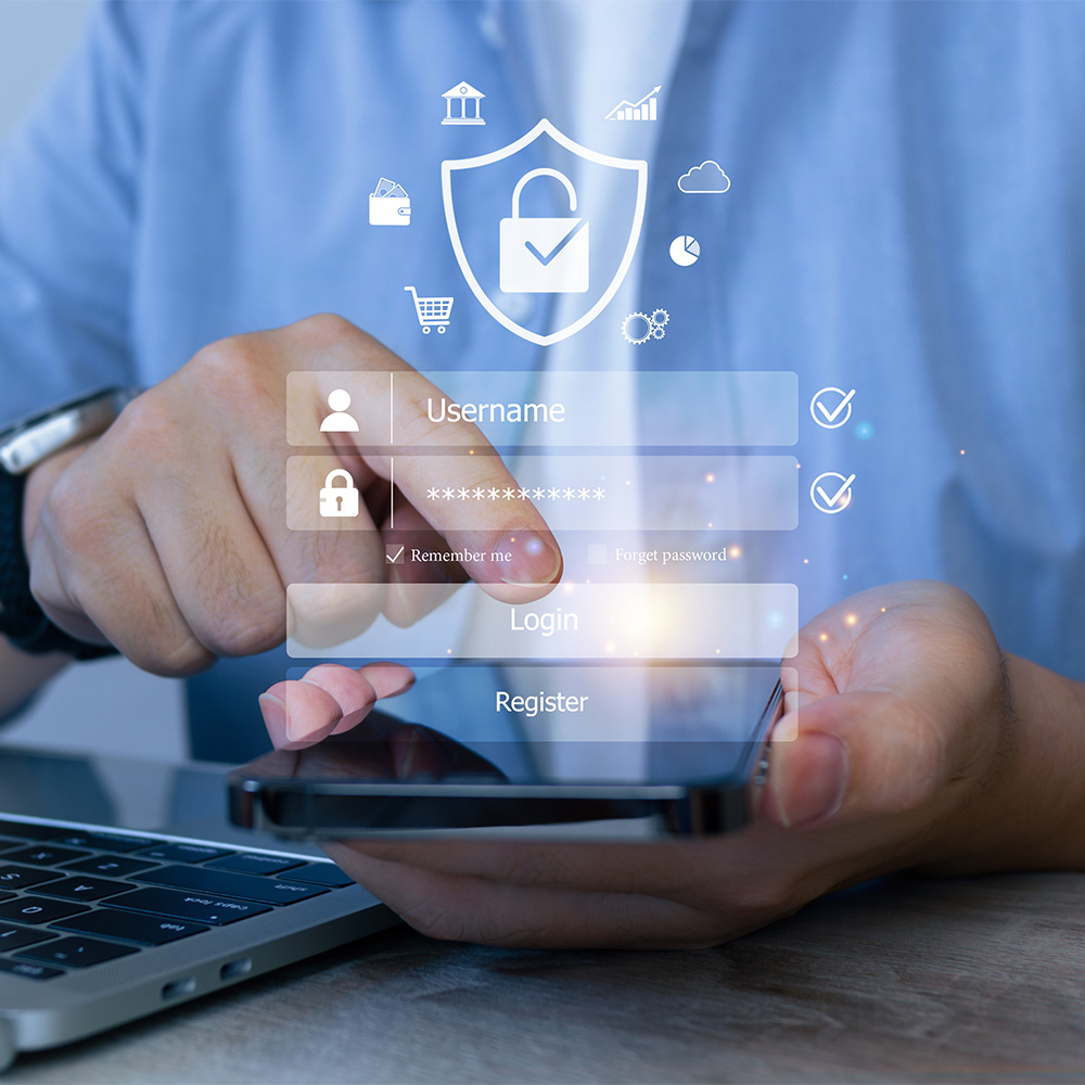 Illustration of a login screen as an overlay on a picture of a man on his phone